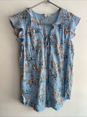 Lucky Brand Sky Blue Floral Tie-Neck Ruffle Sleeve Top Mixed Fabric Texture